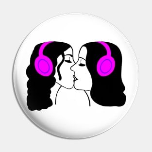 Women Kissing Wearing Headphones Pin