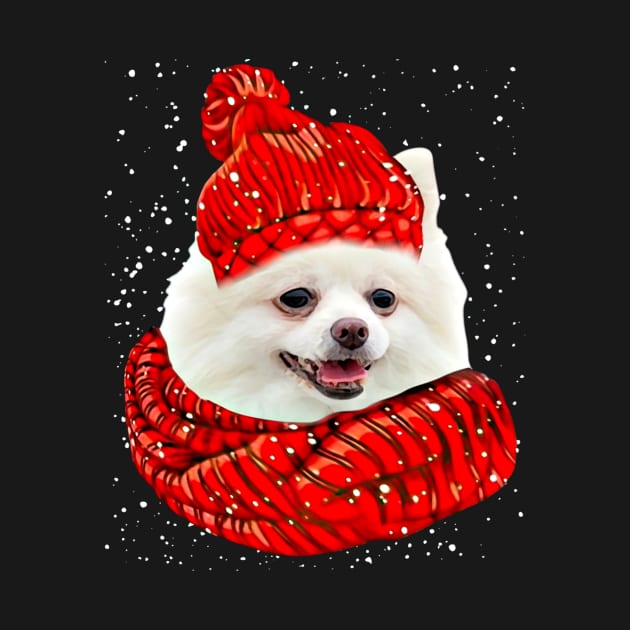 White Pomeranian Wearing Red Hat And Scarf Christmas by Mhoon 