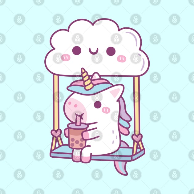 Cute Little Unicorn Drinking Bubble Tea On Cloud Swing by rustydoodle