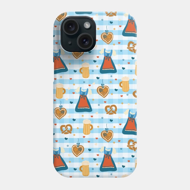 Oktoberfest print. Dirndl dress, beer glasses, pretzels, and gingerbread hearts on a blue and white checkered background. Phone Case by Sandra Hutter Designs