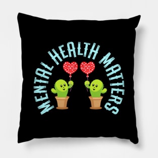 Mental health matters. Awareness. It's ok not to be ok. You can be depressed, grumpy, moody, sad. Your feelings are valid. Funny green cactus with heart balloons cartoon Pillow