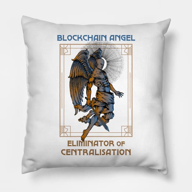 Blockchain Angel - Eliminator of centralisation (white background) Pillow by Hardfork Wear