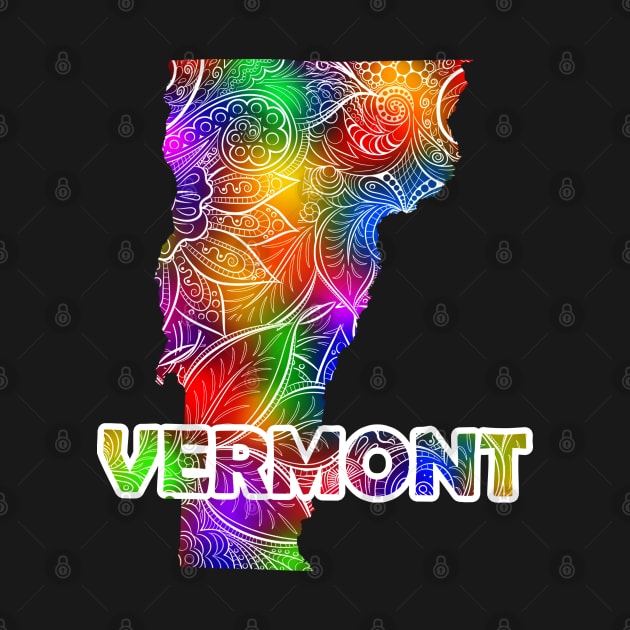 Colorful mandala art map of Vermont with text in multicolor pattern by Happy Citizen