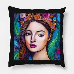 Woman in Floral and Feather Crown / Headdress Pillow