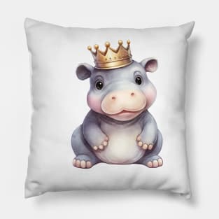 Watercolor Hippopotamus Wearing a Crown Pillow