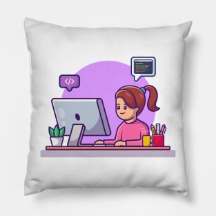 Cute Girl Working On Computer Pillow