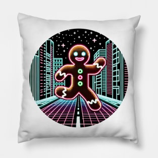 Cyberpunk Christmas: Neon Gingerbread Man in Retro Arcade Style Pillow