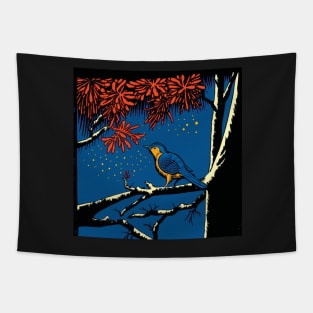 Blue Bird in a Red Blossom Tree Tapestry