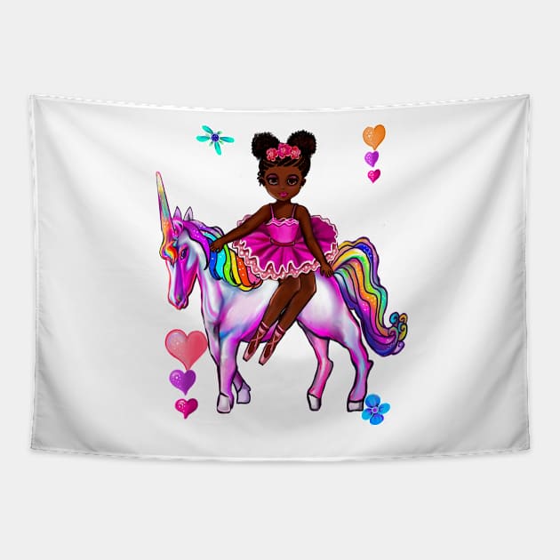 Princess on a unicorn cute black girl African American ballerina Tapestry by Artonmytee