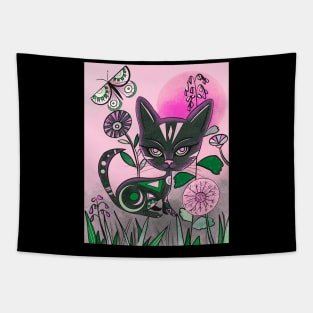 Mid Century Style Black Cat Art Tapestry