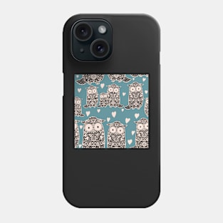 Folk Art Owls, Owlets and Hearts  Pattern on Teal Phone Case