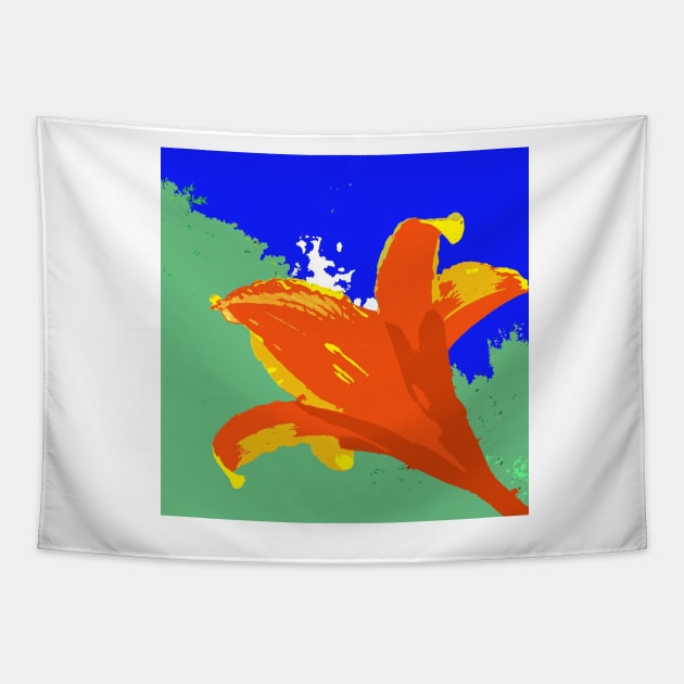 Daylily in orange, blue, green, digitally modified photo Tapestry by djrunnels