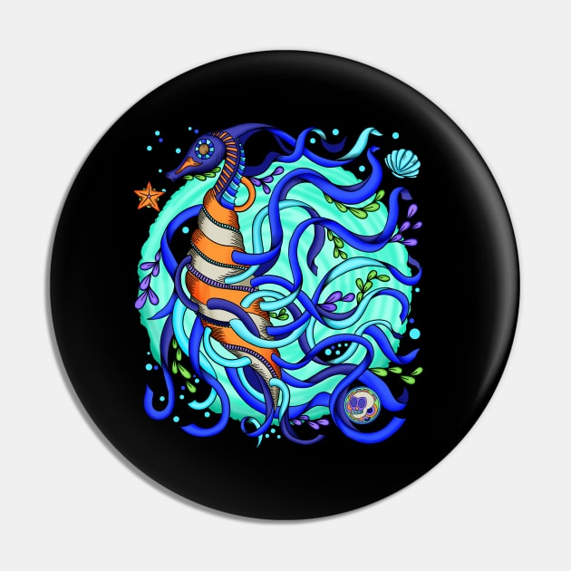 The Seahorse - Underwater Blue World - Dia De Los Muertos - Colorful Seahorse Pin by Scriptnbones