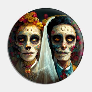 Day of the Dead wedding couple in bright colors. Pin