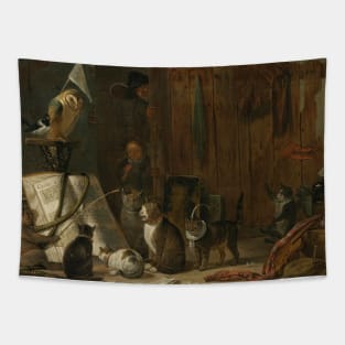 A Concert Of Cats, Owls, A Magpie, And A Monkey In A Barn by Cornelis Saftleven Tapestry