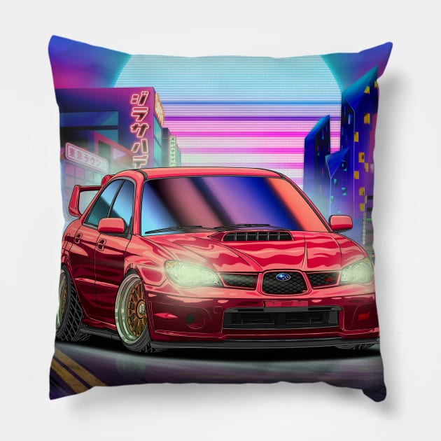 Subaru Impreza WRX STi Hawkeye (2006) Cyberpunk City Pillow by Guyvit