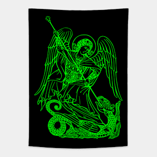 Saint Michael vanquishing the dragon (green neon) Tapestry