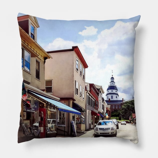 Annapolis MD - Shops on Maryland Avenue and Maryland State House Pillow by SusanSavad