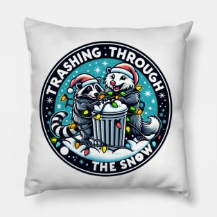 Opossum Raccoon Funny, Trashing Through the Snow, Christmas Animals Pillow