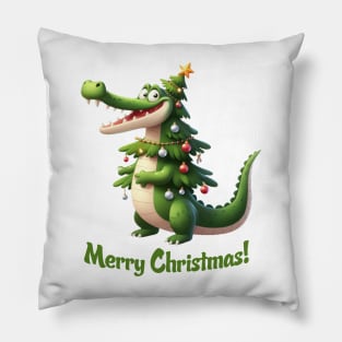 Cute Gator Christmas Tree Illustration Pillow