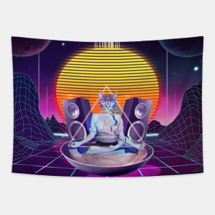 Vaporwave Cat Meditates in Chill Listening to Lo-Fi Music Tapestry