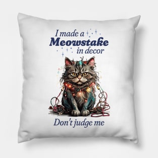 Funny Christmas Cat Tangled in Lights, Meowstake in Decor Pillow