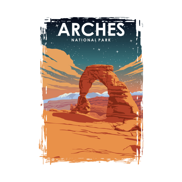 Arches National Park at Night Vintage Minimal Retro Travel Poster by jornvanhezik