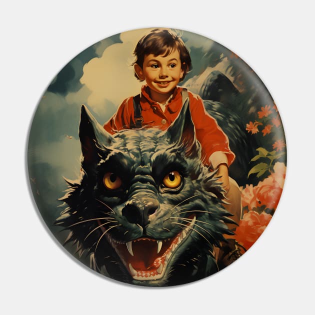 Country Boy Dreaming of Cat Dragons - Vintage Design Pin by The Whimsical Homestead