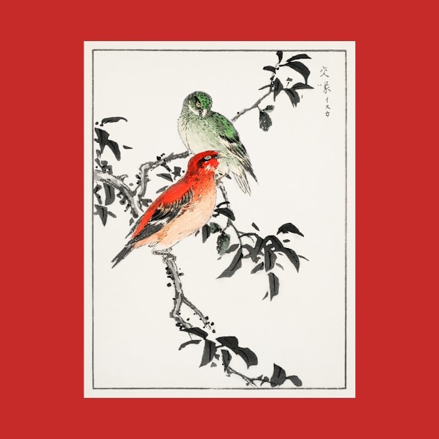 Crossbills on tree branch vintage Japanese woodblock print by Veiovis