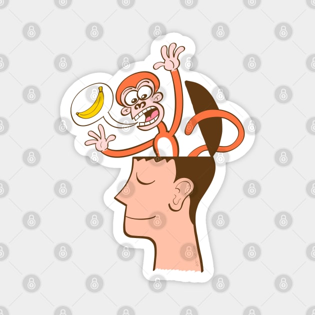 Let's meditate. Mad monkey asking for bananas from inside the head of a man in meditation Magnet by zooco