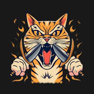 Cute and angry cat with two knives T-Shirt