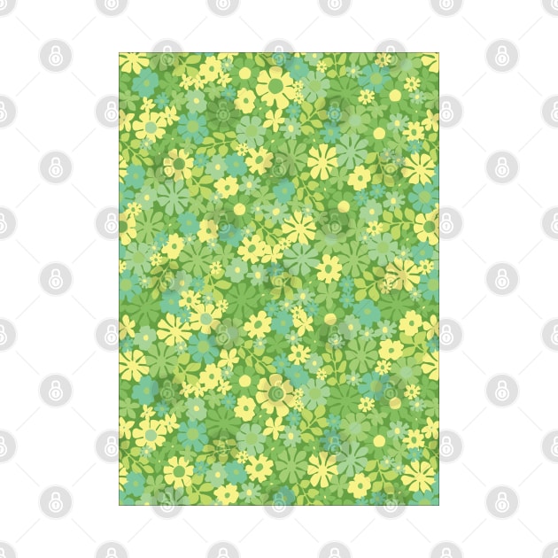 green retro florals pattern, 70s groovy green flowers, flower market, scandinavian florals, green hues by blomastudios