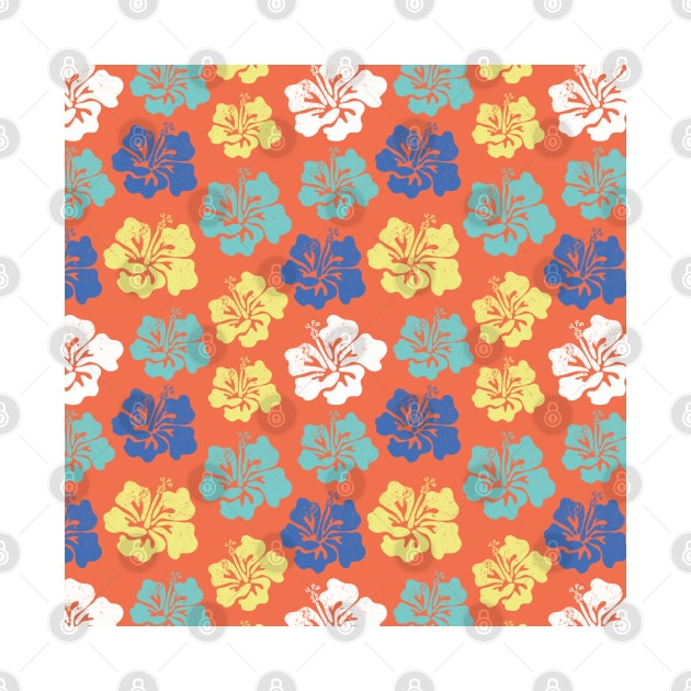 Hibiscus flower silhouettes. Yellow, royal blue and aqua blue Hawaiian hibiscus flowers on an orange background. Vintage inspired. by Sandra Hutter Designs