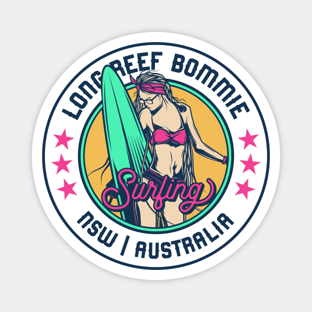 Retro Surfer Babe Badge Long Reef Bommie New South Wales Australia Magnet by Now Boarding