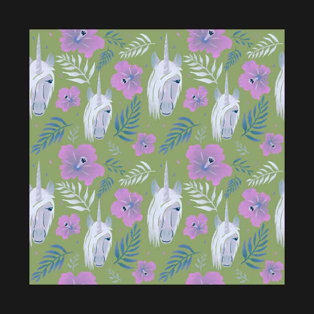 Unicorn and Hibiscus Pink Green Floral Pattern by OneLook