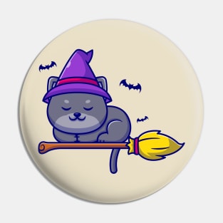 Cute Witch Cat Sleeping On Magic Broom Cartoon Pin