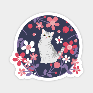 American Shorthair Cat and Flowers - Purple Magnet