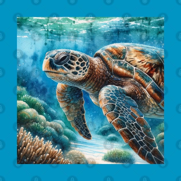 Ocean Wanderer: Majestic Loggerhead Sea Turtle Watercolor by Aquarelle Impressions