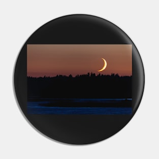 Crescent moon setting behind forest landscape Pin