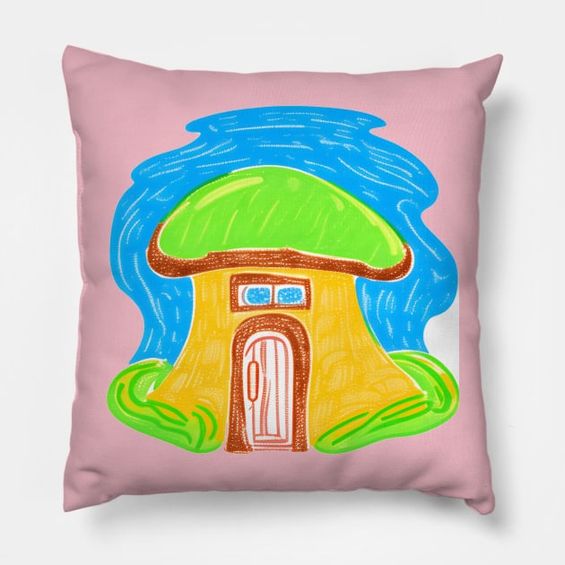 Mushroom House Pillow by Maria Murtaza