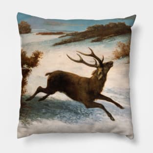 Deer Running in the Snow by Gustave Courbet Pillow