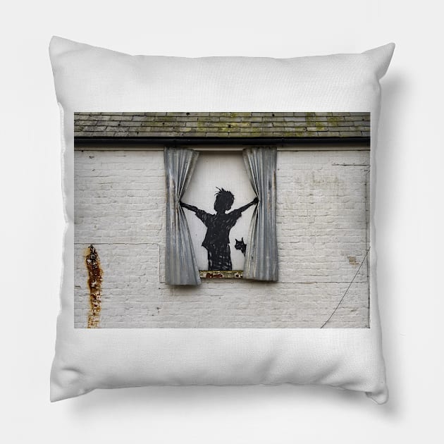 Banksy Boy & Cat Morning Pillow by foozler