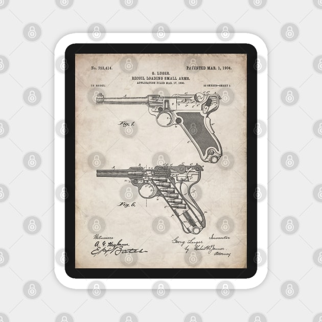 Luger Pistol Firearms Patent - Gun Lover Vintage Guns Art - Antique Magnet by patentpress