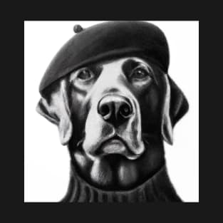 Labrador Retriever dog wearing a Beret and Black Turtleneck T-Shirt