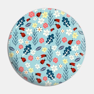 Spring meadow in bloom with ladybirds on blue background Pin