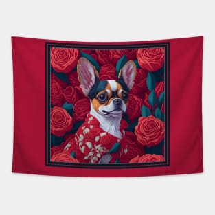 Dogs, Chihuahua and flowers, dog, seamless print, style vector (red version Chihuahua) Tapestry