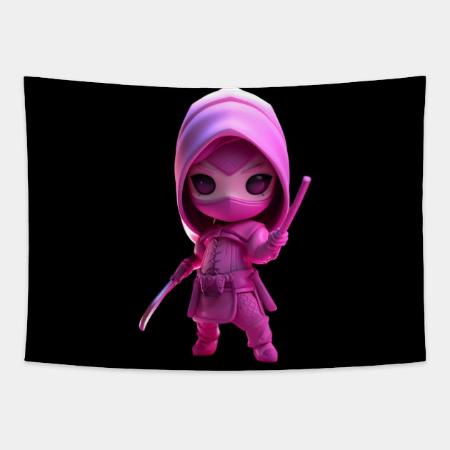 Pink Ninja Goddess: 3D Cartoon Art Depicting a Warrior Assassin in Black and White Tapestry by YUED