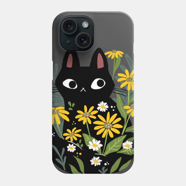 Black Cat In The Flowers Phone Case by MichelleScribbles