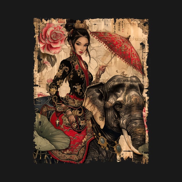 Traditional Art Vietnamese Girl on Elephant by Vlaa