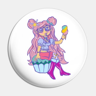 Kawaii Chibi Pastel Girl Sitting On Cupcake Eating Ice Cream Pin